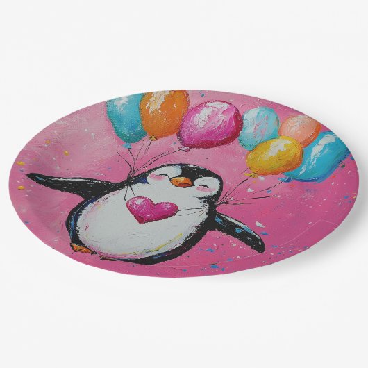 Assiettes En Carton mignon manchot de dessin animé avec ballons (Angle)