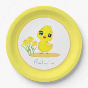 Assiettes En Carton Mignon poussin avec des fleurs sur papier jaune et