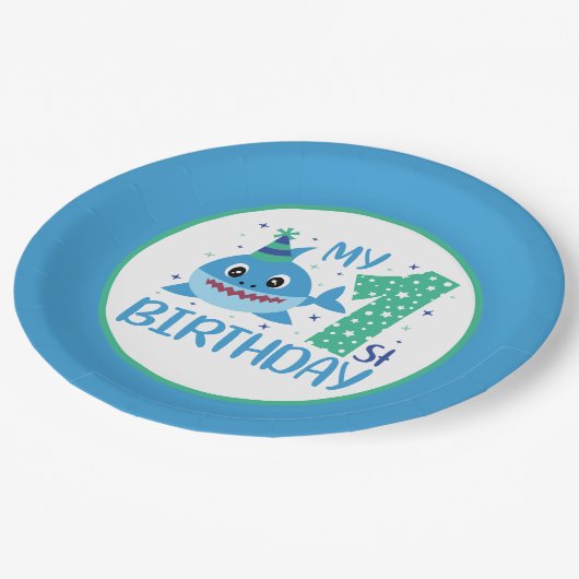 Assiettes En Carton mignon requin-bébé unisexe Premier anniversaire (Angle)
