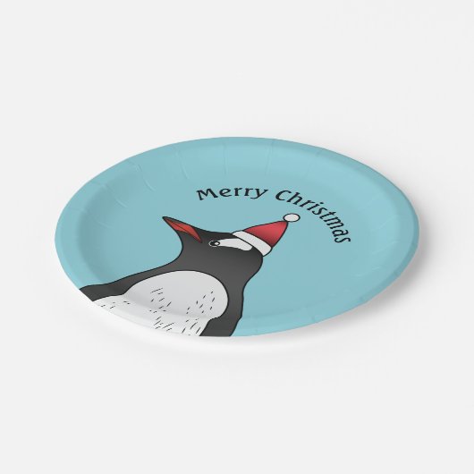 Assiettes En Carton Mignonette Gentoo Portant Le Chapeau Du Père Noël (Angle)