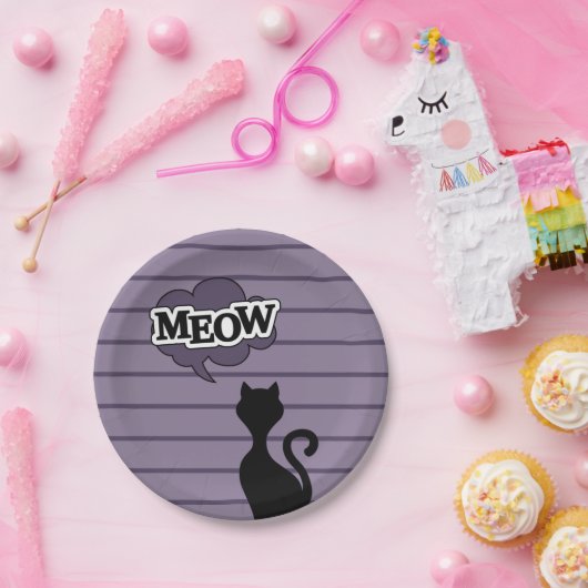Assiettes En Carton Mignonne bande dessinée de chat noir dit miow (Fête)