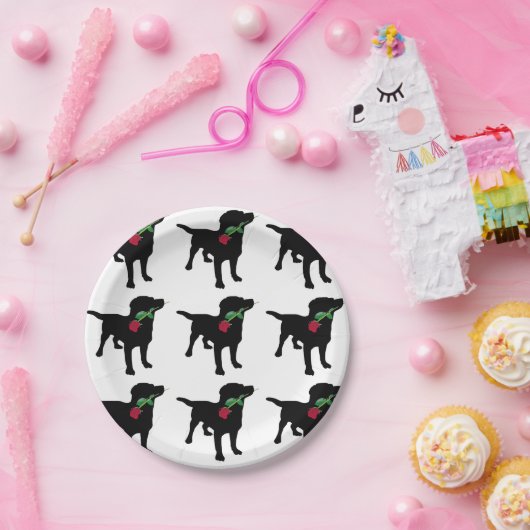 Assiettes En Carton Mignonne Black Lab Dog tenant Rose rouge (Fête)