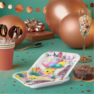 Assiettes En Carton mignonne fête vintage lapin de Pâques