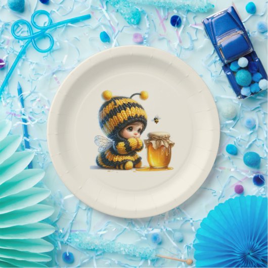 Assiettes En Carton Mignonne fille en costume d'abeille avec miel (Fête)