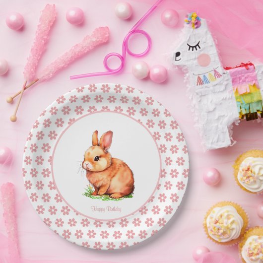 Assiettes En Carton Mignonne lapin d'anniversaire & Fleurs en blanc (Fête)