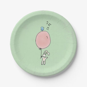 Assiettes En Carton Mignonne lapin tenant un ballon avec un oiseau en