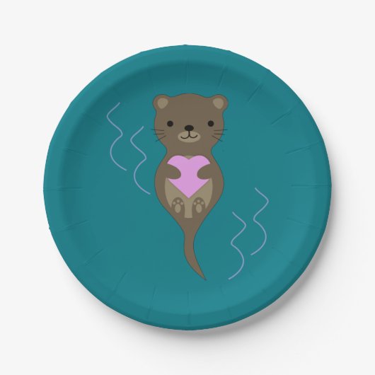 Assiettes En Carton Mignonne Otter embrasse un coeur rose (Devant)
