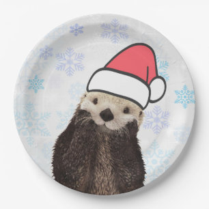 Assiettes En Carton Mignonne Otter portant un chapeau de Père Noël