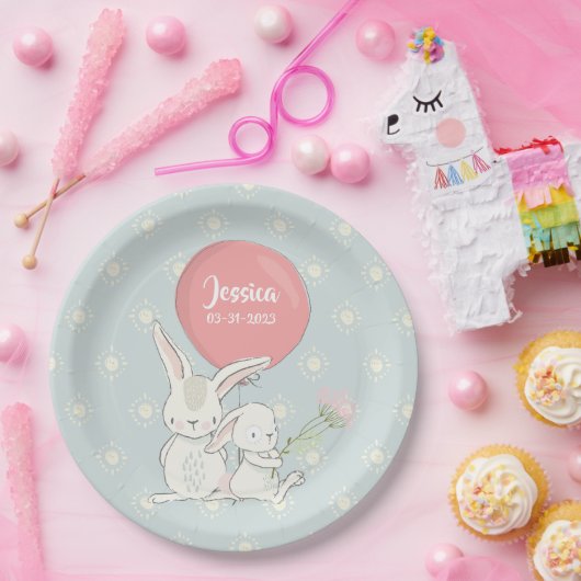 Assiettes En Carton Mignonne petite fille lapin avec nom (Fête)
