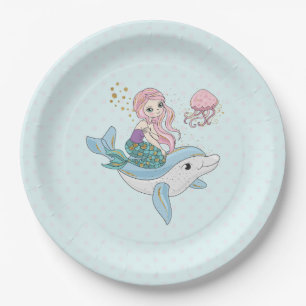 Assiettes En Carton Mignonne sirène chevauchant un dauphin sous la mer