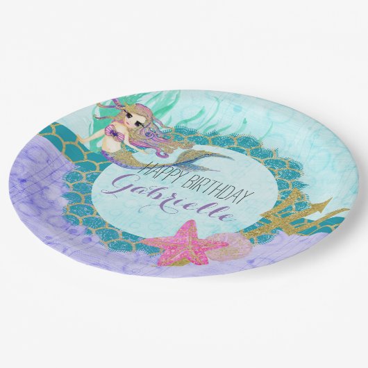 Assiettes En Carton Mignonne sirène Monogramme Turquoise et violette J (Angle)