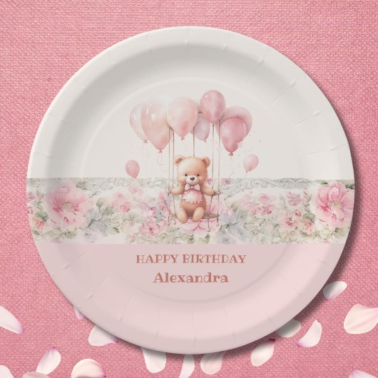Assiettes En Carton Mignonne Teddy et Ballons rose bébé fille Annivers