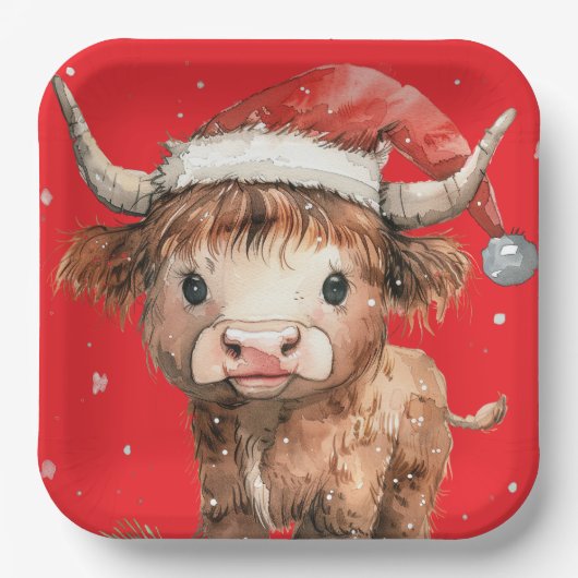 Assiettes En Carton Mignonne. Vache Highland à Santa Hat Red (Recto)
