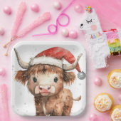 Assiettes En Carton Mignonne. Vache Highland à Santa Hat White (Fête)