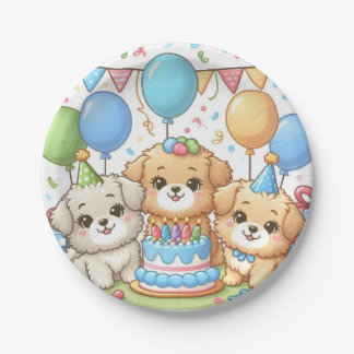 Assiettes En Carton Mignonnes Chiots À Une Plaque Papier D'Anniversair