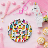 Assiettes En Carton Mignonnes maisons colorées aquarelle art (Fête)