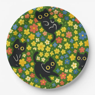 Assiettes En Carton Mignons Chats Noirs Motif Floral de Prairie