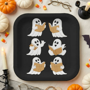 Assiettes En Carton Mignons fantômes de lecture pour Halloween Enseign