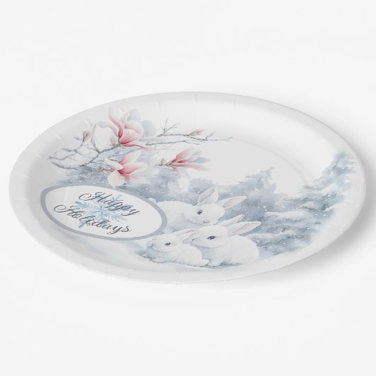 Assiettes En Carton Mignons lapins blancs en vacances d'hiver neige (Angle)