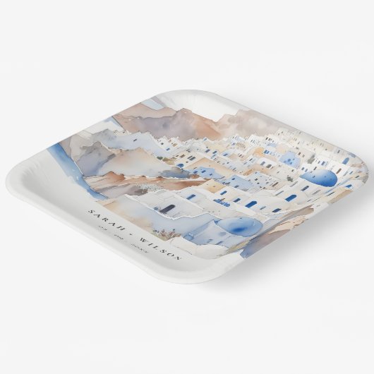 Assiettes En Carton Minimal chic Santorini Grèce Mariage aquarelle (Angulaire)