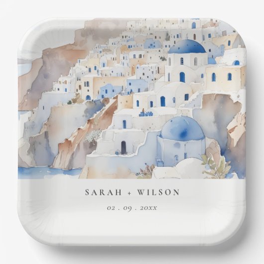 Assiettes En Carton Minimal chic Santorini Grèce Mariage aquarelle (Recto)
