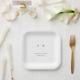 Assiettes En Carton Minimal et chic blanc et marine   Mariage