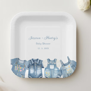 Assiettes En Carton Minimaliste bleu Jean Baby shower Denim