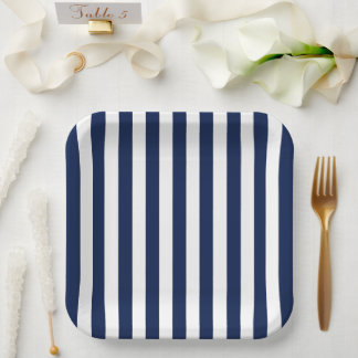 Assiettes En Carton Minimaliste Bleu Marine Et Rayures Blanches