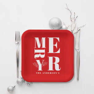Assiettes En Carton Minimaliste Élégant Rouge Clair Joyeux Noël