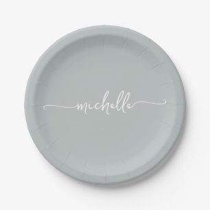Assiettes En Carton Minimaliste Élégant Vert Sauge Monogramme Script