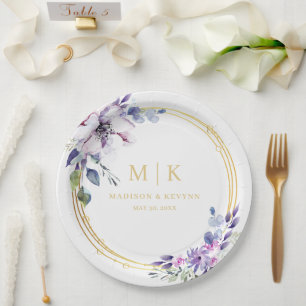 Assiettes En Carton Minimaliste et Chic Fleur Violet Or Mariage