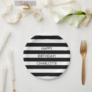 Assiettes En Carton Minimaliste noir blanc rayures personnalisées nom