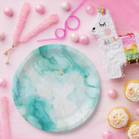 Assiettes En Carton Mint Aqua Glam Elegant Marbre Or (Fête)