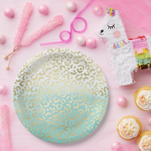 Assiettes En Carton Mint Aquarelle Ombre Glam Or Leopard (Fête)