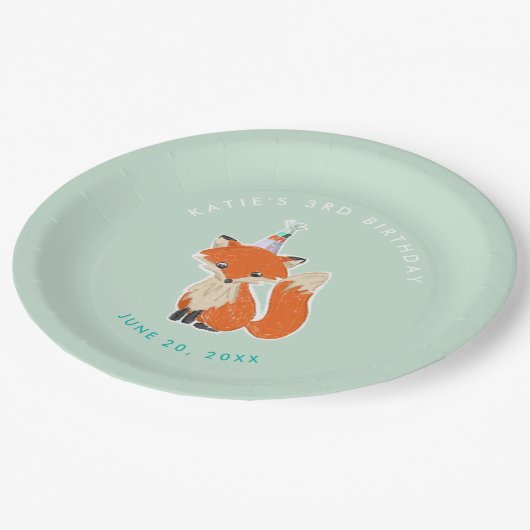 Assiettes En Carton Mint Green Cute Fox Party Casquette Woodland Anniv (Angle)