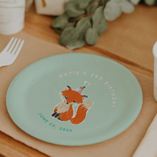 Assiettes En Carton Mint Green Cute Fox Party Casquette Woodland Anniv