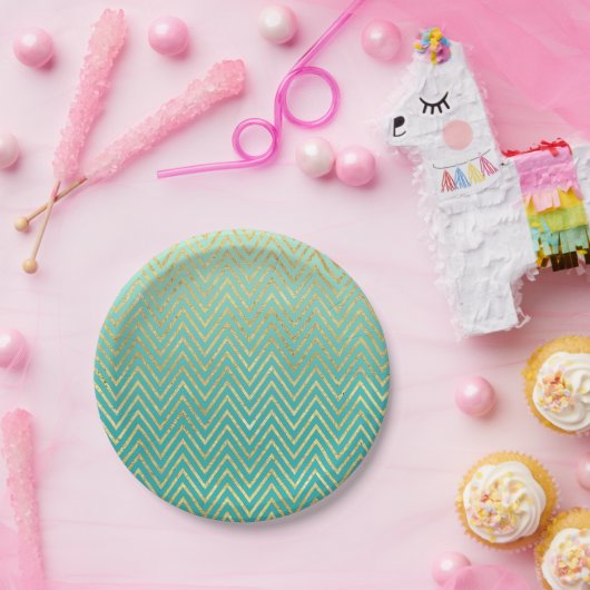 Assiettes En Carton Mint Green Gold Glam Chevron Ombre (Fête)
