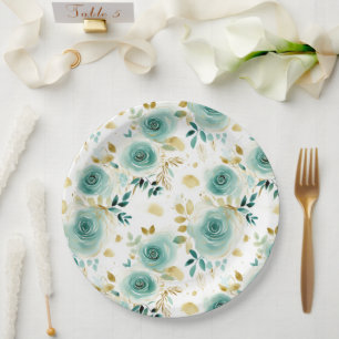 Assiettes En Carton Mint Green White Gold Rose Fête des mariées floral