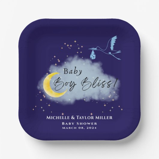 Assiettes En Carton Minuit Blue Starlit Baby Boy Bliss Stork (Recto)