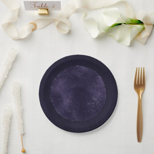 Assiettes En Carton Minuit Indigo Romance | Satiny Grunge Damask (Mariage)