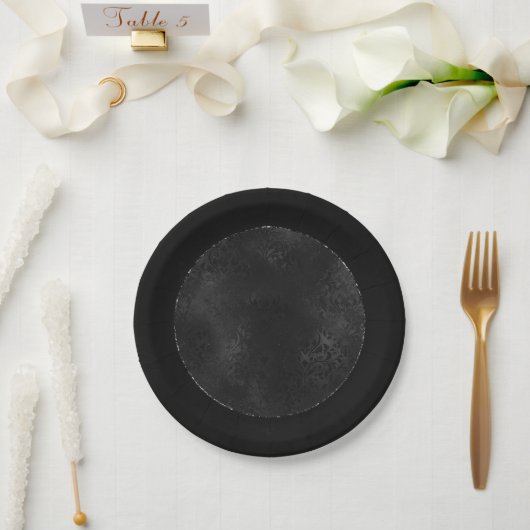 Assiettes En Carton Minuit Onyx Romance | Black Satiny Grunge Damask (Mariage)