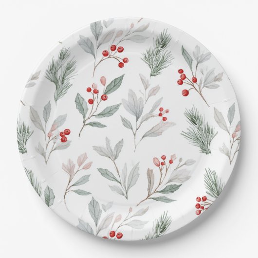 Assiettes En Carton Mistletoe and Holly Berries Pattern (Devant)