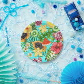 Assiettes En Carton Mix-fruit tropical, fleurs et feuilles en bleu (Fête)