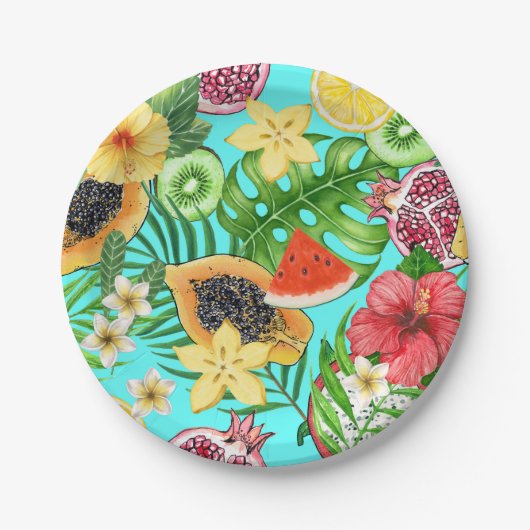 Assiettes En Carton Mix-fruit tropical, fleurs et feuilles en bleu (Devant)