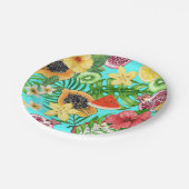 Assiettes En Carton Mix-fruit tropical, fleurs et feuilles en bleu (Angle)