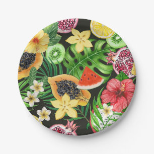 Assiettes En Carton Mix-fruits tropicaux, fleurs et feuilles en noir