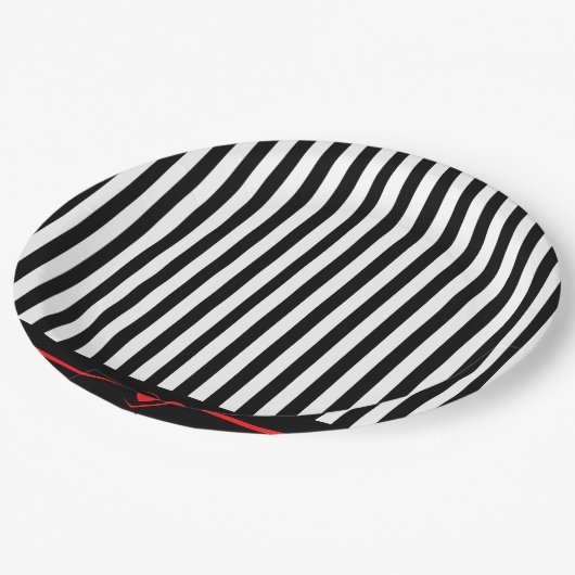Assiettes En Carton Mod Black & White Stripes avec Bright Red Heart (Angle)