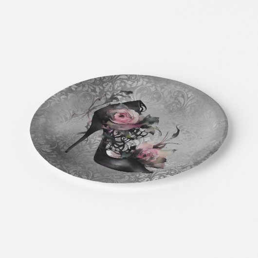 Assiettes En Carton Mode gothique Stiletto talon avec Roses rose mauve (Angle)