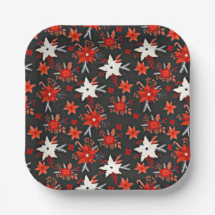 Assiettes En Carton Modèle floral avec fleurs blanches rouges-11438