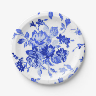 Assiettes En Carton Modèle Floral bleu vintage et blanc